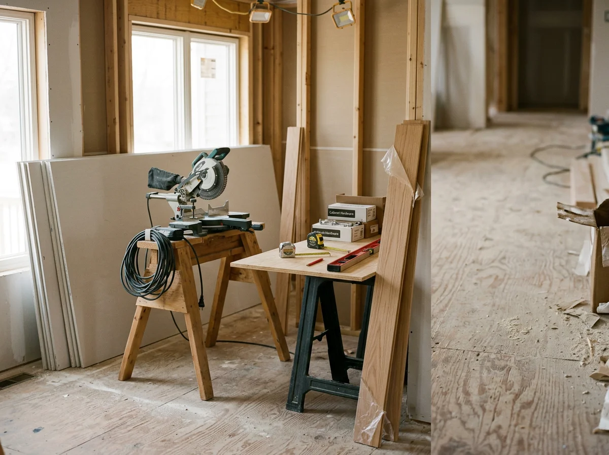 Tools and materials arranged at a job site for a residential remodeling project. No people are shown in the scene.