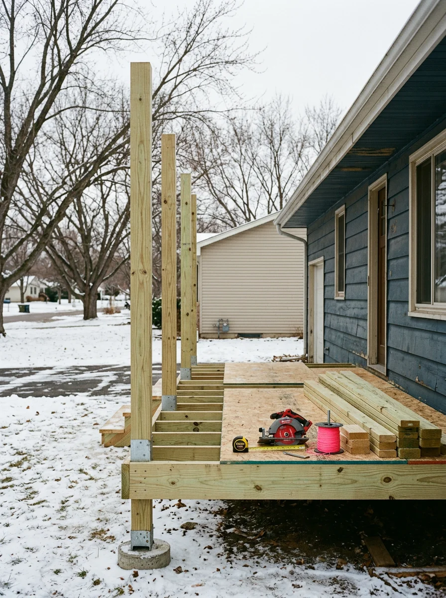 New porch construction on a residential home in Anoka, Minnesota