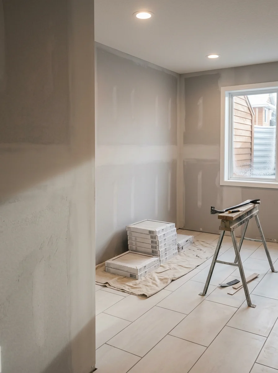 Finished basement remodel with drywall and tile work in a Blaine, Minnesota house