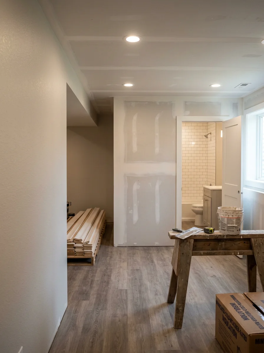 A finished basement in a Brooklyn Park, MN home with drywall, recessed lighting, luxury vinyl plank flooring, and a new bathroom.