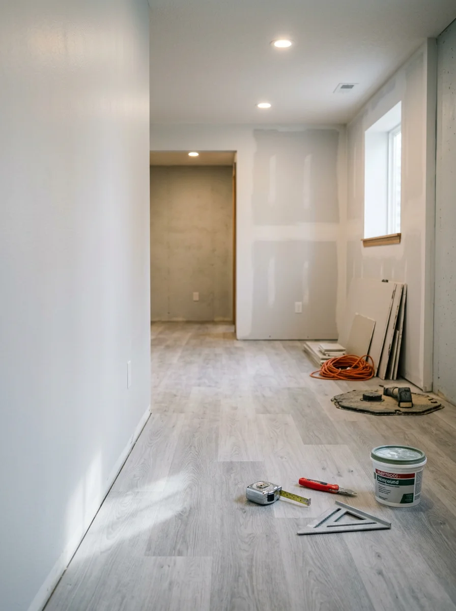 Finished basement remodel with new drywall and flooring in an Eden Prairie, MN house