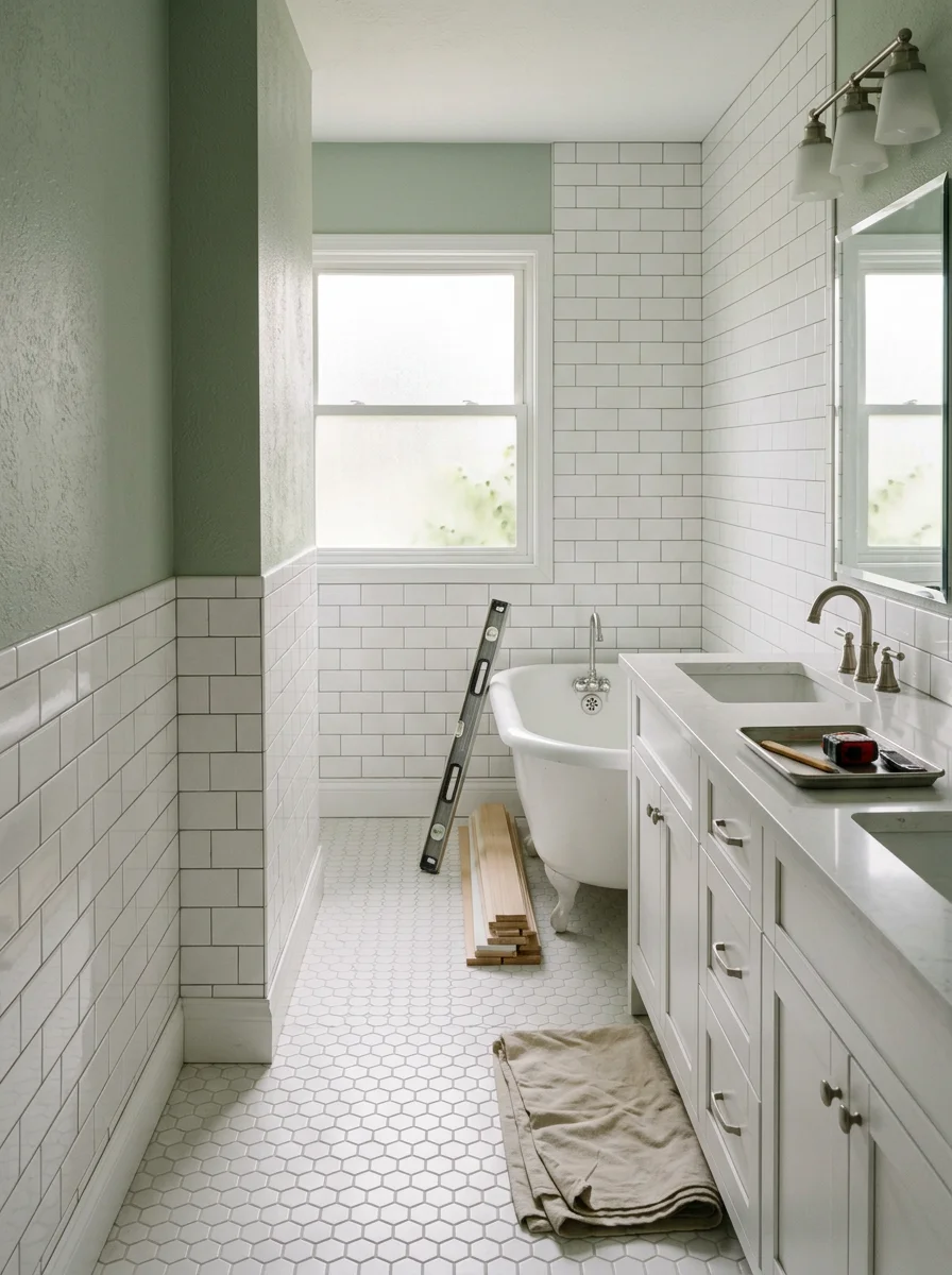 A renovated bathroom in an Edina, MN postwar home with subway tile walls, a freestanding tub, and a new double vanity.