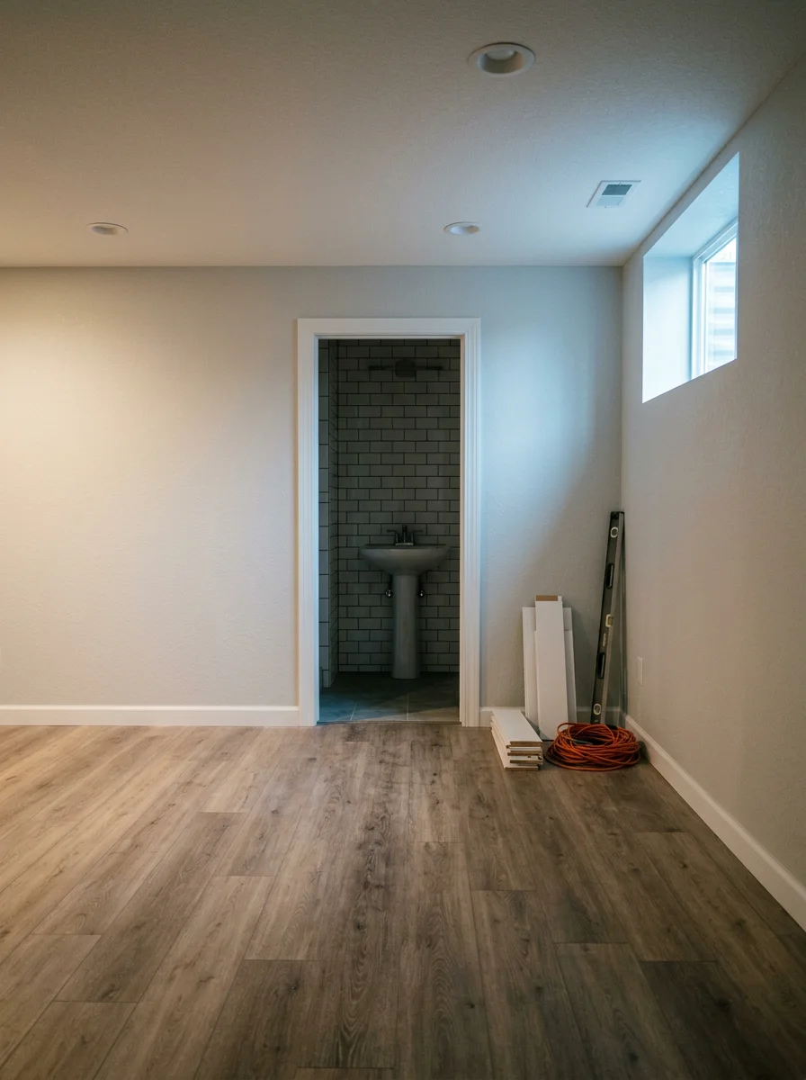 A finished basement in a Maple Grove, MN home with luxury vinyl plank flooring, recessed lighting, and a tiled bathroom.