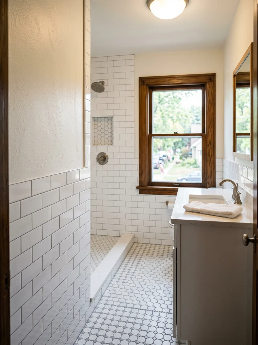 A newly tiled bathroom in a Minneapolis pre-war home featuring a walk-in shower, hexagon floor tile, and updated vanity.