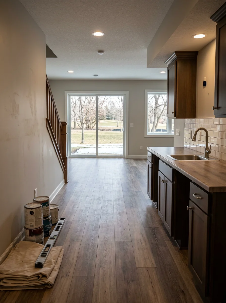 A finished walkout basement in a Minnetonka, MN split-level home with luxury vinyl plank flooring, recessed lighting, and a tiled wet bar.