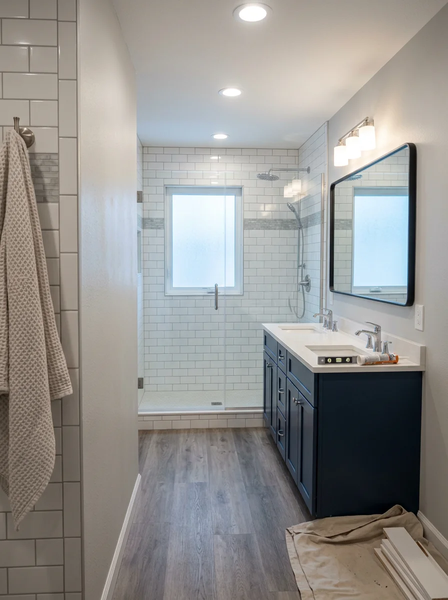 A renovated bathroom in a Plymouth, MN split-level featuring a tiled walk-in shower, double vanity, and luxury vinyl plank flooring.