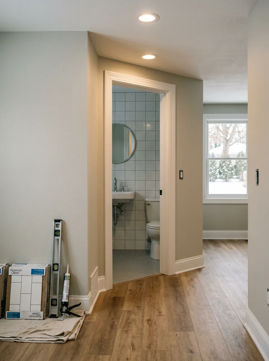 A finished basement in a Twin Cities metro home featuring a tiled bathroom, recessed lighting, and luxury vinyl plank flooring throughout.