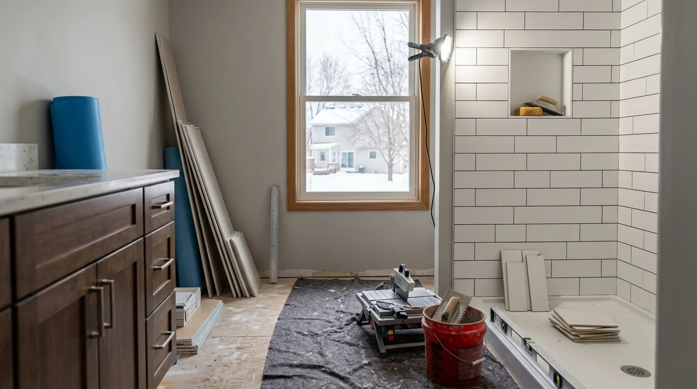 A fully remodeled bathroom in a Maple Grove, MN home featuring updated tile flooring, a new vanity, and a walk-in shower with clean modern finishes. Interior bathroom renovation completed by Atreas Contracting LLC serving the Twin Cities metro.