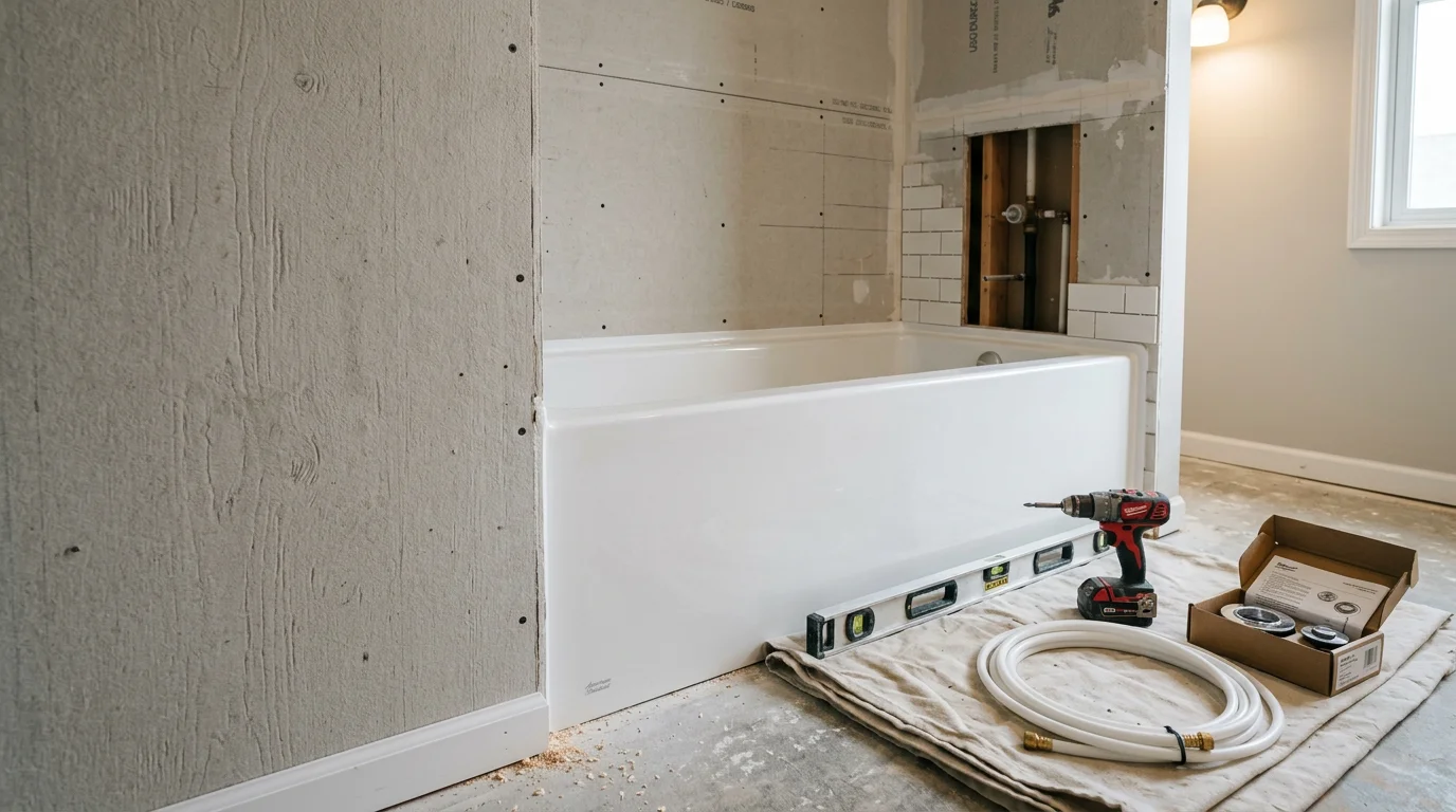 Newly installed bathtub in a Maple Grove, MN home bathroom, showing a clean tub surround, fresh caulk lines, and updated fixtures. The bathroom reflects a completed installation by Atreas Contracting LLC serving the Twin Cities metro area.