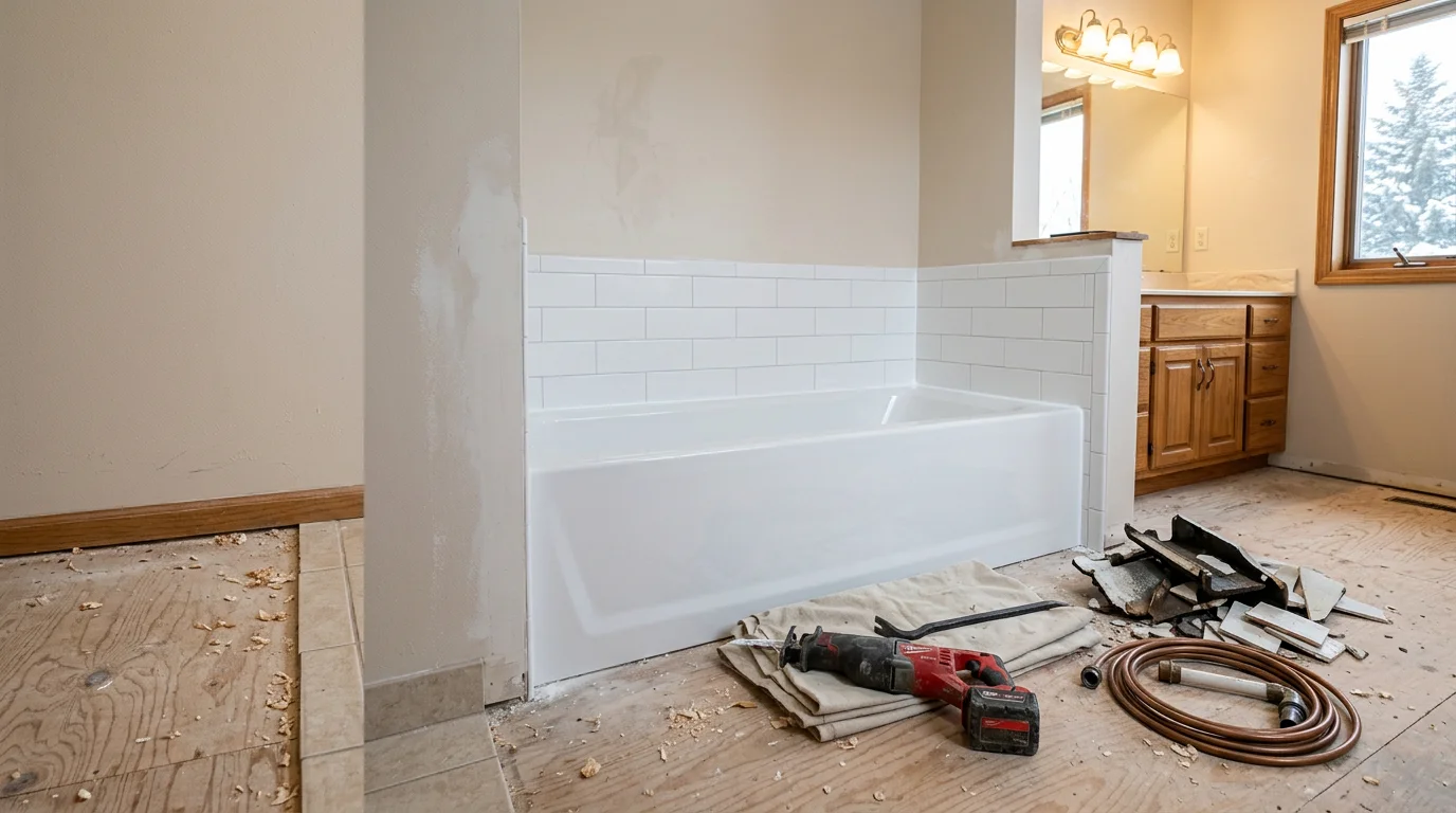 A newly installed bathtub in a Maple Grove, MN home bathroom, showing clean white surfaces and updated surrounding walls. The finished space reflects a complete tub replacement in a residential northwest metro home.