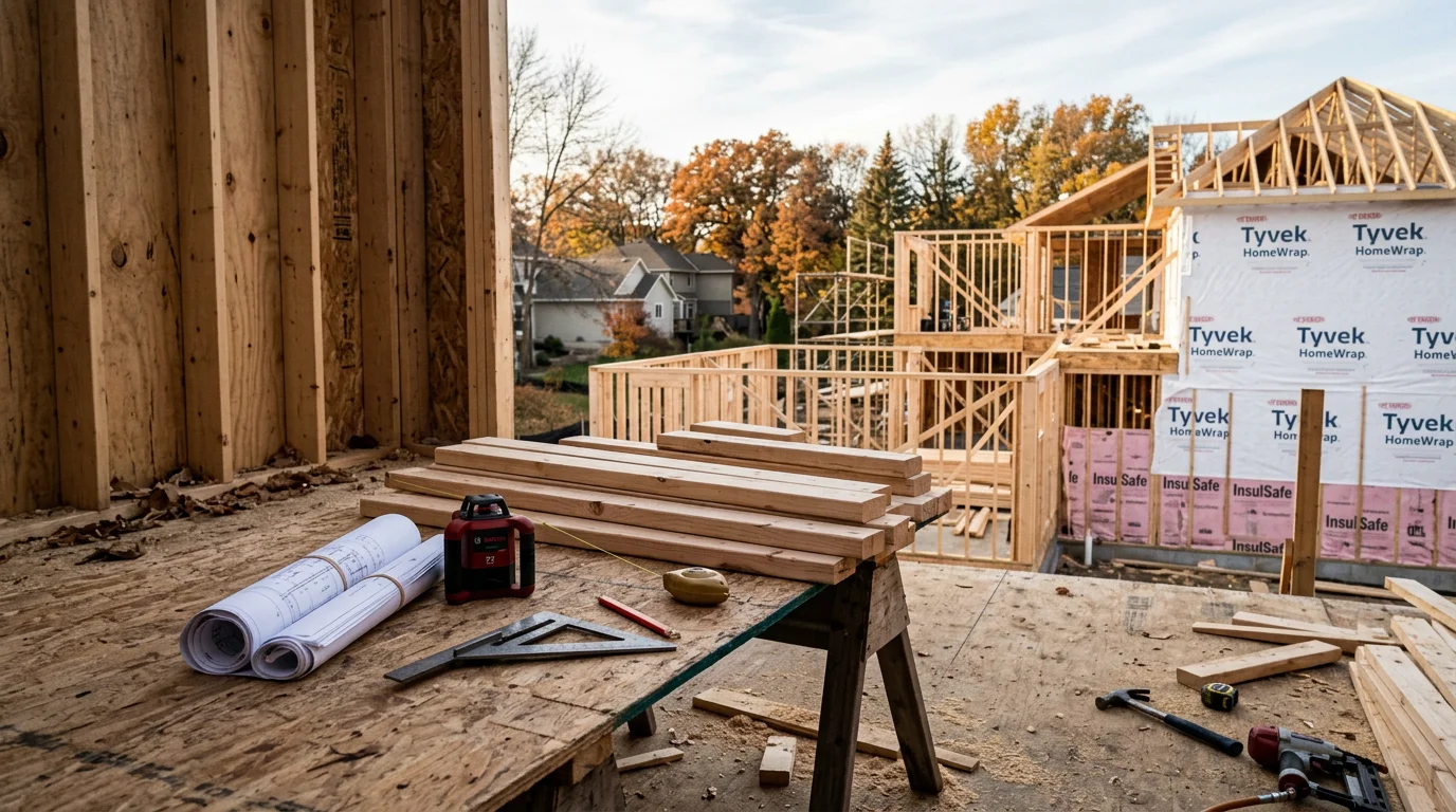 A Maple Grove, MN home interior showing an open-concept living and kitchen area mid-design planning stage, with a contractor reviewing layout drawings on site. The space reflects a residential building design project by Atreas Contracting LLC in the Twin Cities metro.