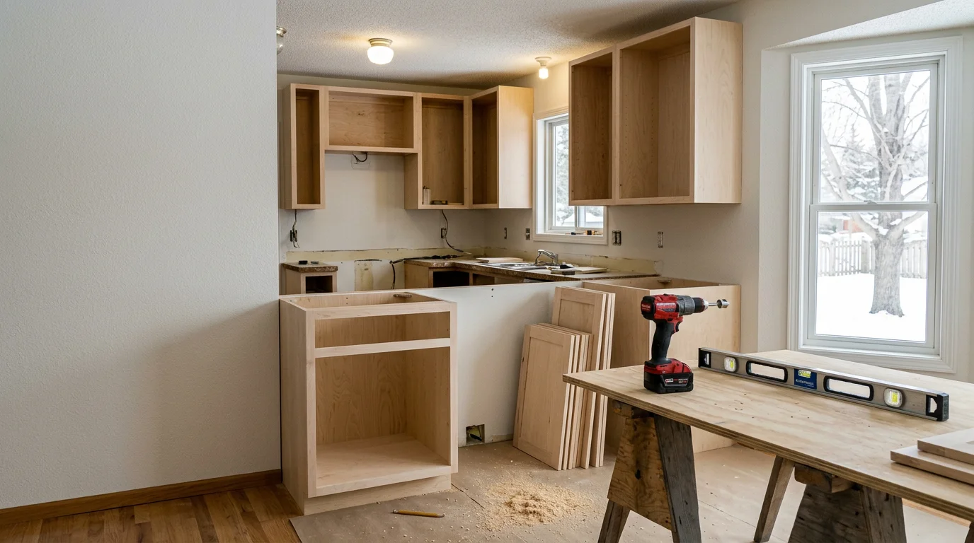 Newly constructed custom wood kitchen cabinets installed in a Maple Grove, MN home, featuring full-height upper cabinets and deep lower drawers built to fit the room's exact dimensions. The kitchen shows an open layout typical of 1990s to 2000s Twin Cities suburban homes updated with custom storage and a clean, finished look.