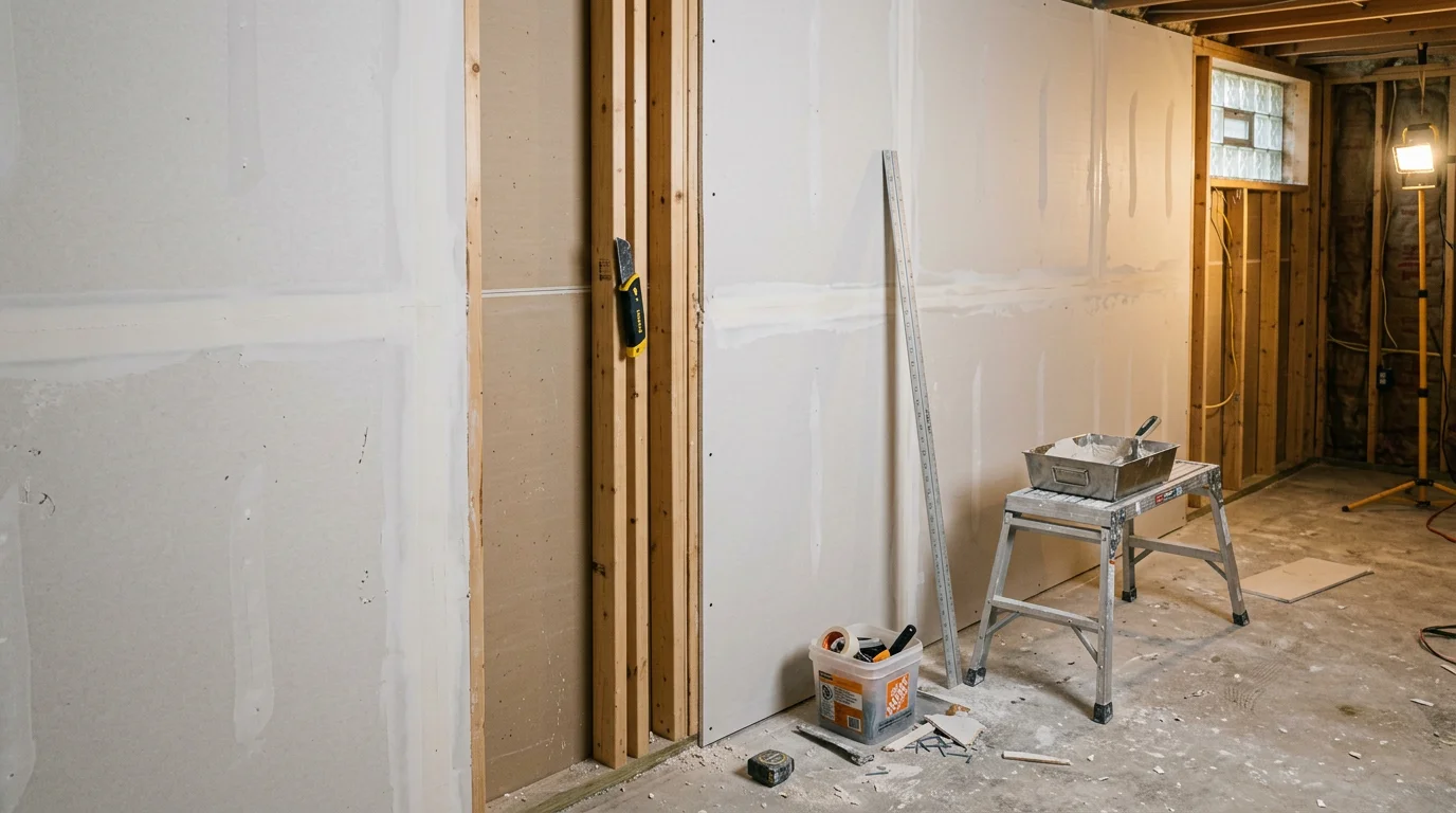 Freshly installed and finished drywall in a basement room of a Maple Grove, MN home, with smooth taped seams and paint-ready walls visible under bright interior lighting.