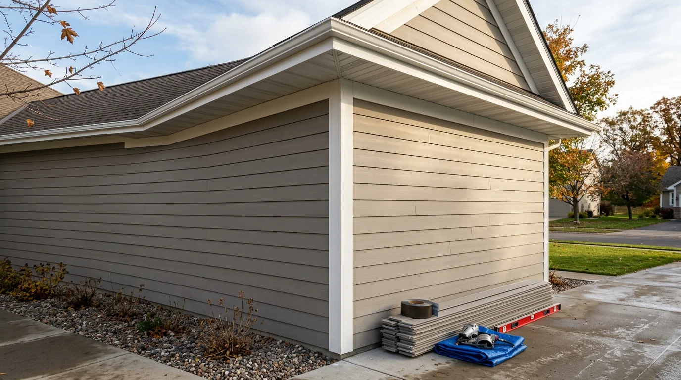 Completed exterior finishing work on a two-story home in Maple Grove, MN, showing clean siding, painted trim, and finished soffit and fascia details. The finished exterior reflects careful installation suited to Minnesota's seasonal weather demands.