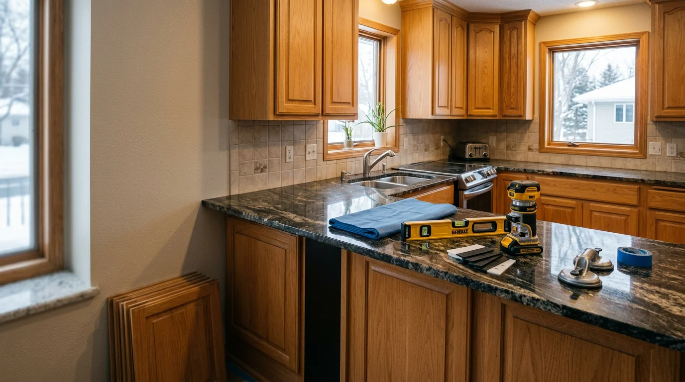 Freshly installed granite countertop in a Maple Grove, MN kitchen, showing natural stone patterning across a wide surface with an undermount sink cutout. The kitchen features open cabinetry typical of Twin Cities suburban homes built in the 1990s and 2000s.