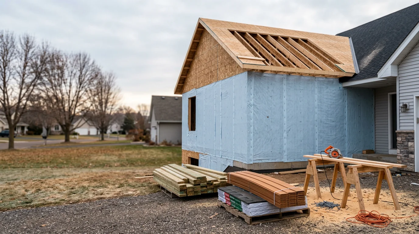 A newly completed home addition on a single-family house in Maple Grove, MN, showing a main-floor room expansion with exterior siding and roofline matched to the original structure. The addition connects seamlessly to the existing home against a clear Minnesota sky.