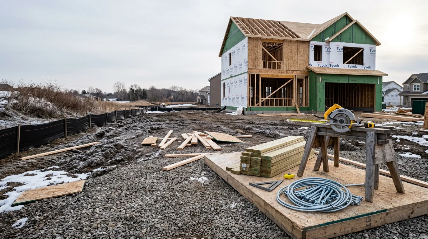 A newly constructed single-family home in Maple Grove, Minnesota, with a finished exterior, attached garage, and landscaped front yard. General contractor Atreas Contracting LLC serves homeowners across the Twin Cities metro area.