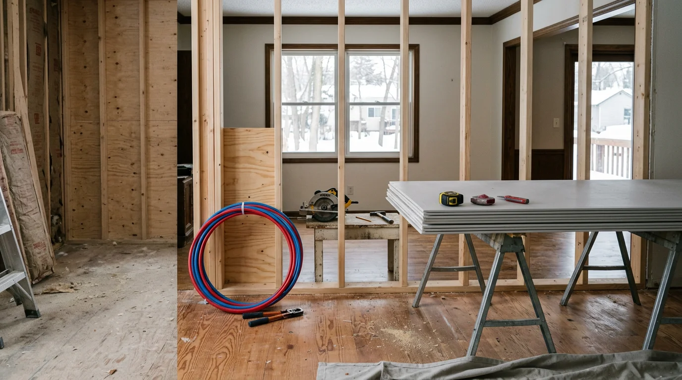 Renovated open-concept main floor in a Maple Grove single-family home showing updated living and kitchen spaces with natural light. General contractor renovation work completed by Atreas Contracting LLC in the Twin Cities metro area.