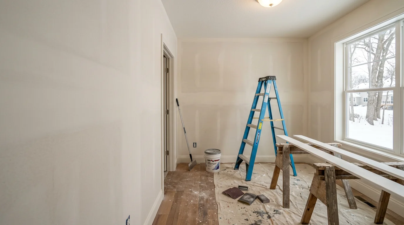 Freshly finished interior room in a Maple Grove, MN home showing smooth painted walls, clean trim work, and fitted door casing. The space reflects completed drywall finishing and painted millwork typical of a Twin Cities residential remodel.