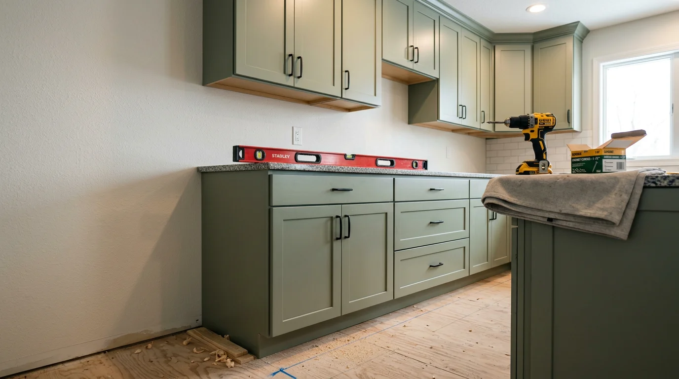 Newly installed kitchen cabinets in a Maple Grove, MN home, showing upper and lower cabinet runs secured to the walls with consistent spacing and alignment. The kitchen features a clean layout with open space for countertop installation.