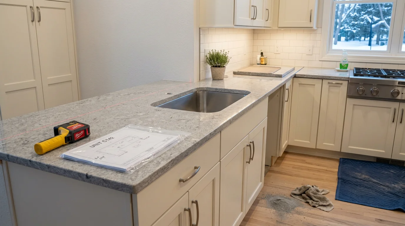 Newly installed stone kitchen countertop with a clean undermount sink cutout in a Maple Grove, MN home. The surface runs along white shaker cabinets with a finished edge profile visible at the corner.