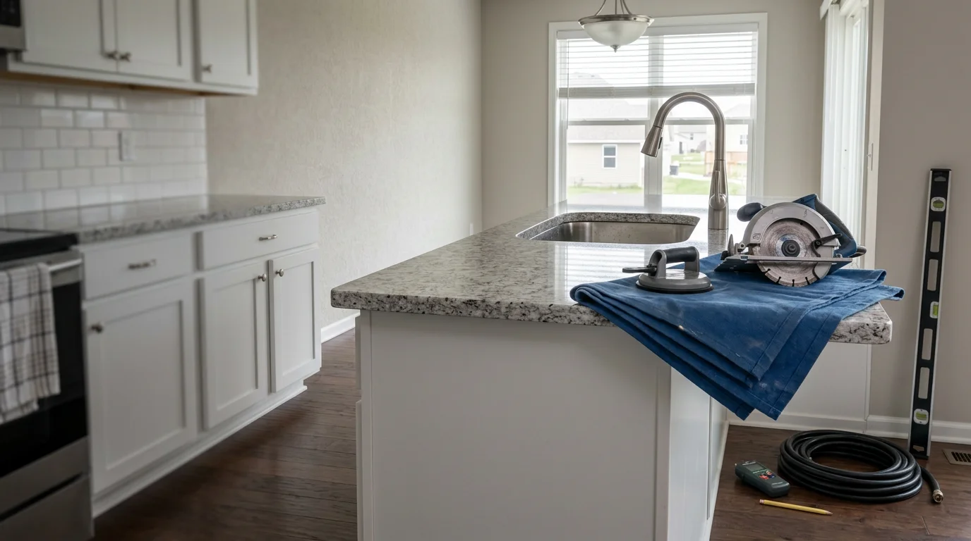 Newly installed kitchen countertop in a Maple Grove, MN home, showing a clean stone surface fitted against white cabinets with an undermount sink. The kitchen reflects a typical Twin Cities suburban layout with updated finishes replacing original builder-grade materials.