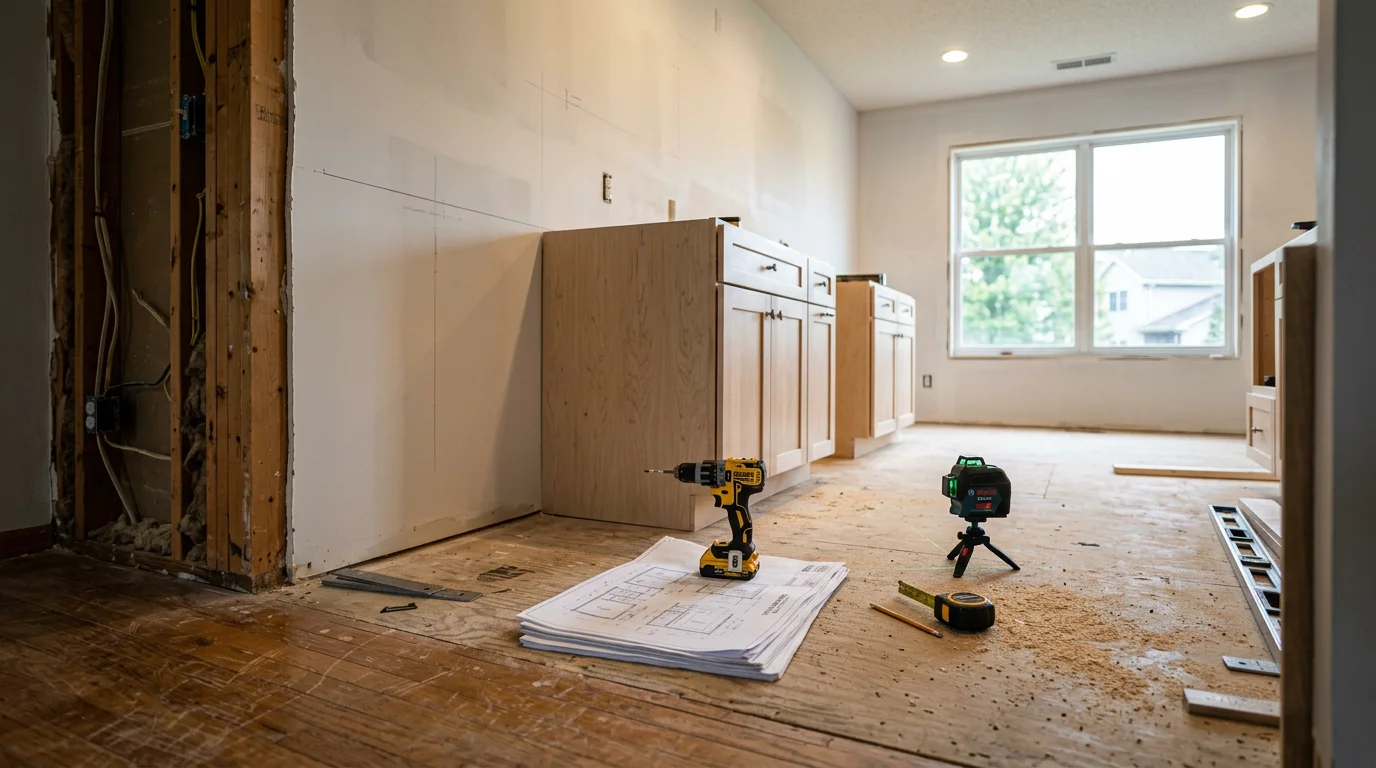 Kitchen design plan for a Maple Grove, MN home showing an open-concept layout with updated storage and lighting placement. A contractor reviews the design with a homeowner at a kitchen table in a Twin Cities suburb.