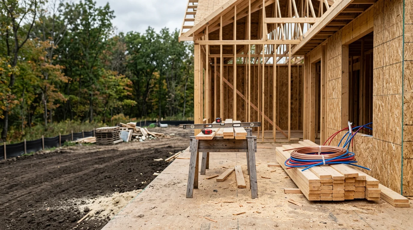 A newly constructed single-family home in Maple Grove, MN with a completed exterior, attached garage, and fresh landscaping on a residential lot. The home reflects a clean, modern build typical of new construction in the northwest Twin Cities metro area.