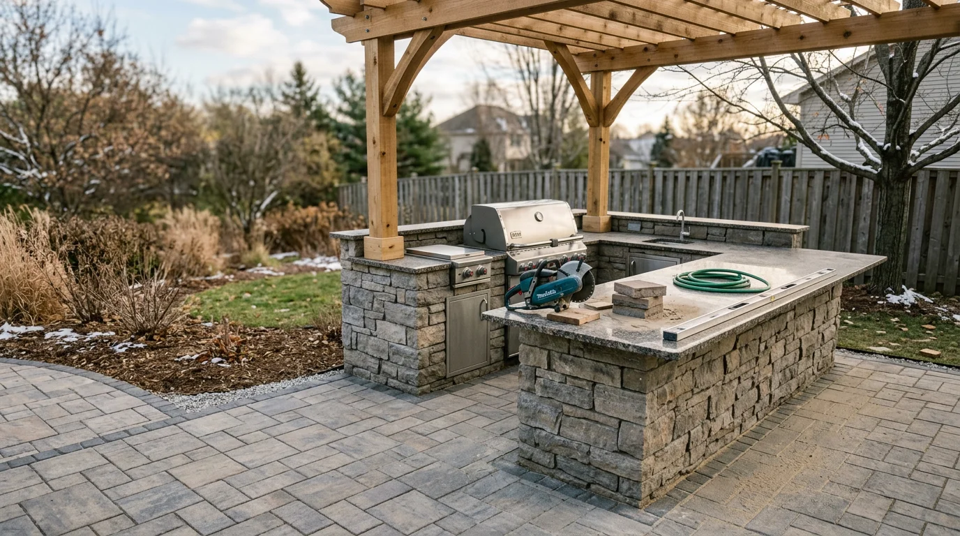 A custom outdoor kitchen remodel in a Maple Grove, MN backyard, featuring a built-in cooking station, stone-finish cabinetry, and a dedicated prep counter integrated into a patio entertaining space.