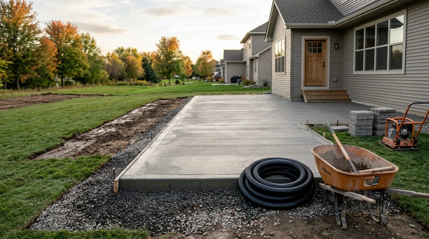 A finished backyard patio in Maple Grove, MN with a clean ground-level surface extending from a residential home. The patio is set against a well-graded lawn with no visible settling or surface cracking.
