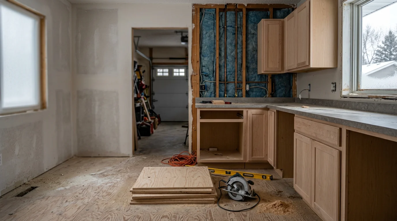 A remodeled kitchen interior in a Maple Grove, MN home, showing an open layout with updated cabinetry and modern finishes replacing a closed-off builder-grade design. The space reflects a full interior transformation typical of 1990s Twin Cities suburban homes updated for current living.