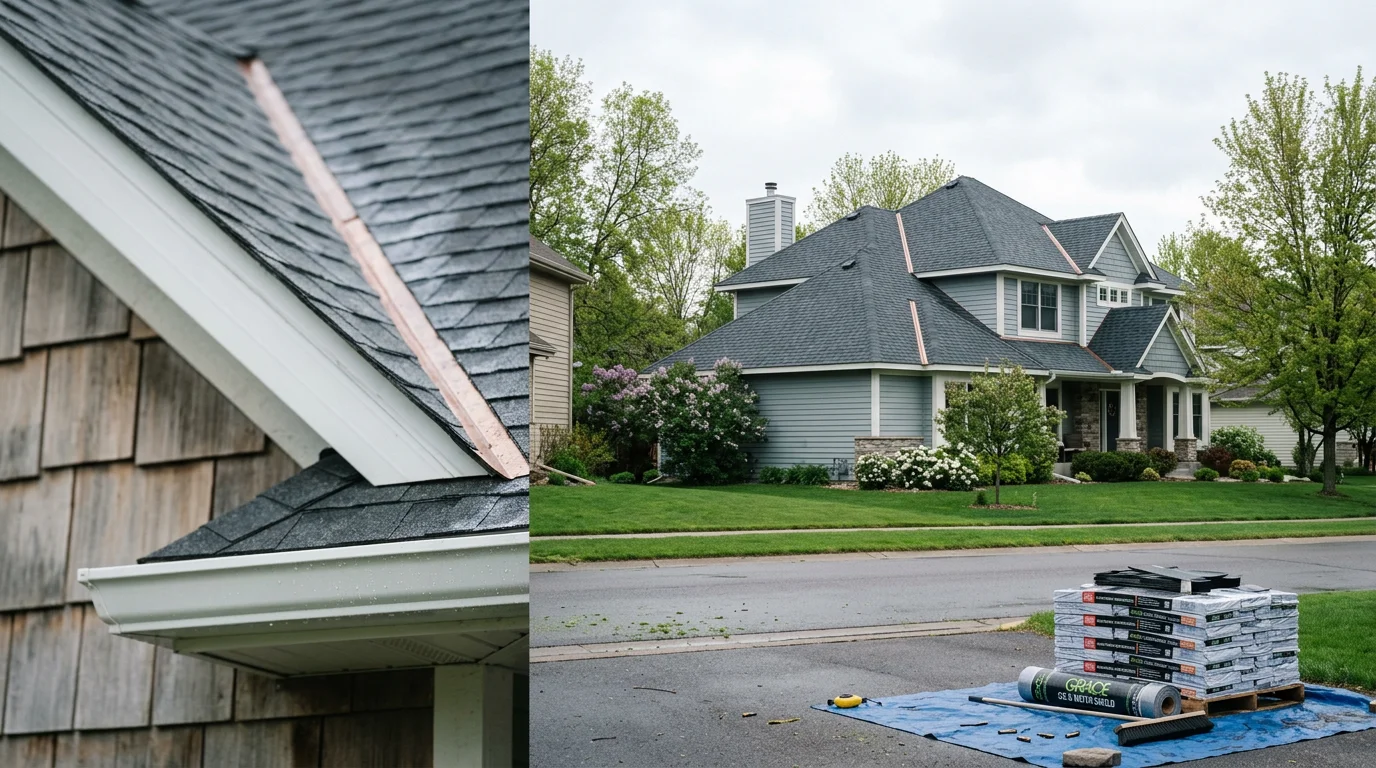 New roof installation in progress on a two-story residential home in Maple Grove, MN, showing fresh underlayment and shingles being laid across a steep-pitch roofline. Completed roof on a suburban Maple Grove home with clean ridge lines and new flashing visible at the chimney and valley intersections.