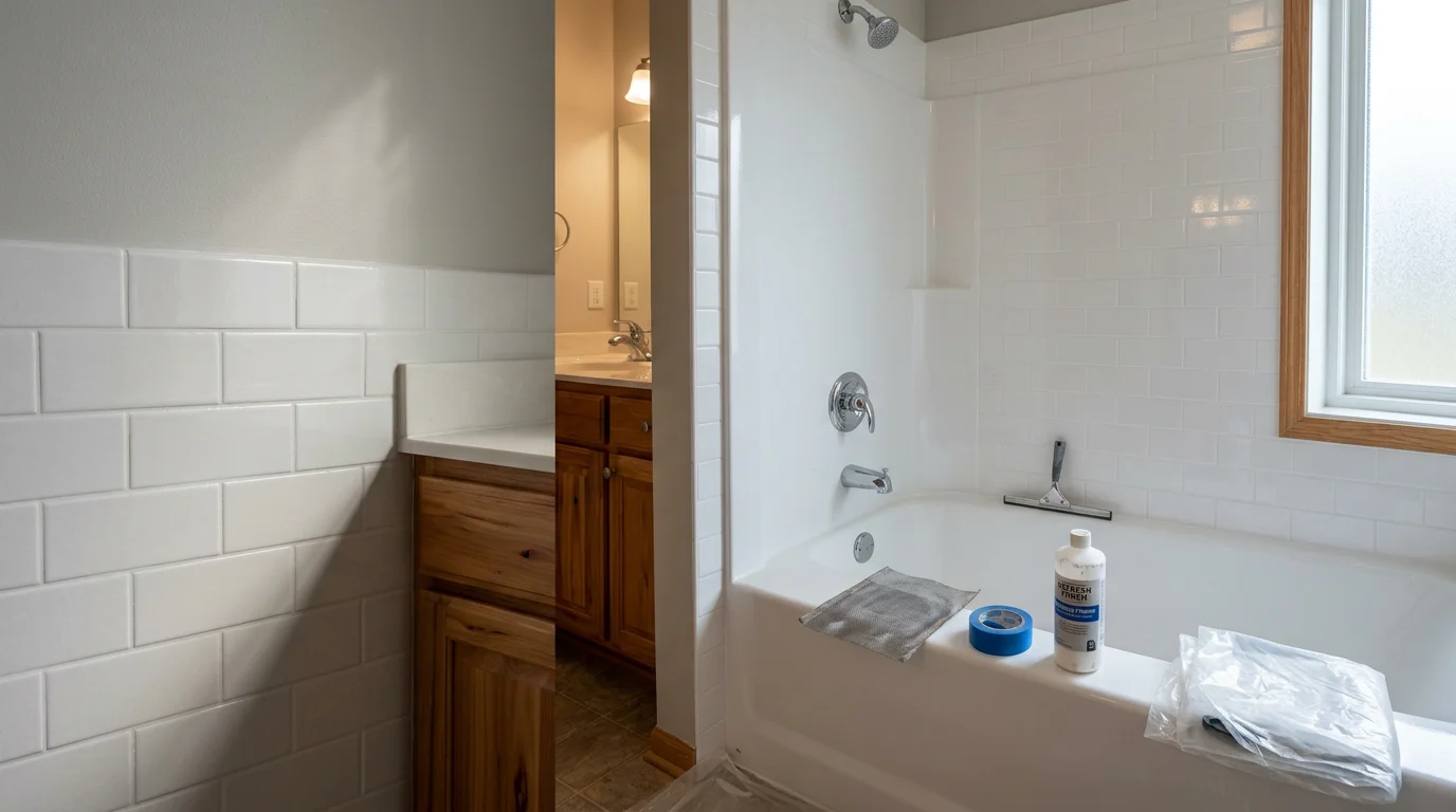 A refinished shower in a Maple Grove, MN home showing a smooth, bright white surface on the pan and surrounding walls after professional resurfacing. The finished coating covers previous staining and worn areas, leaving the shower looking clean and updated.