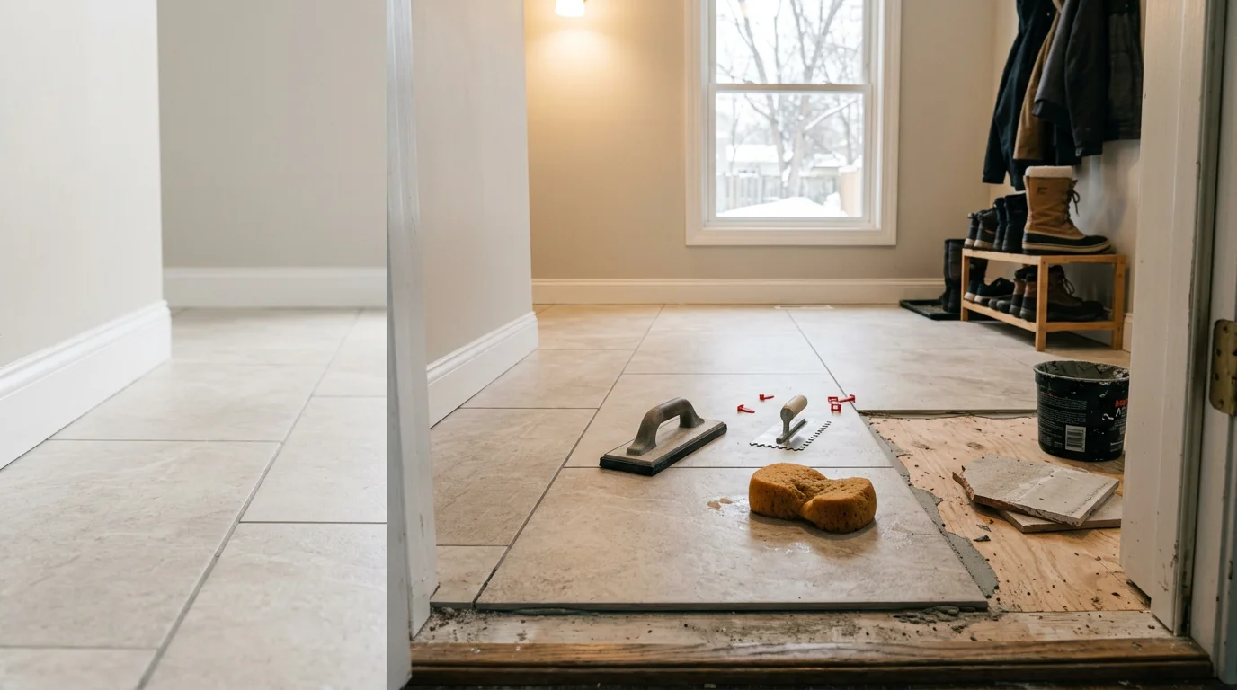 Freshly installed floor tile in a Maple Grove, MN bathroom with clean grout lines and a finished shower surround. The tile work shows consistent spacing and a level surface throughout the room.