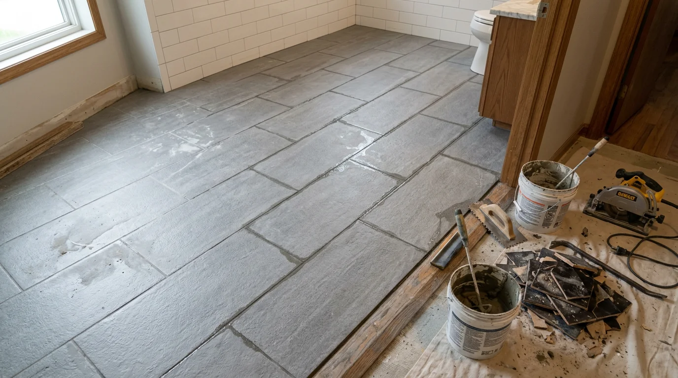 Freshly replaced bathroom floor and wall tile in a Maple Grove, MN home, showing clean grout lines and a fully tiled shower surround. The substrate has been properly prepped and waterproofed before installation.